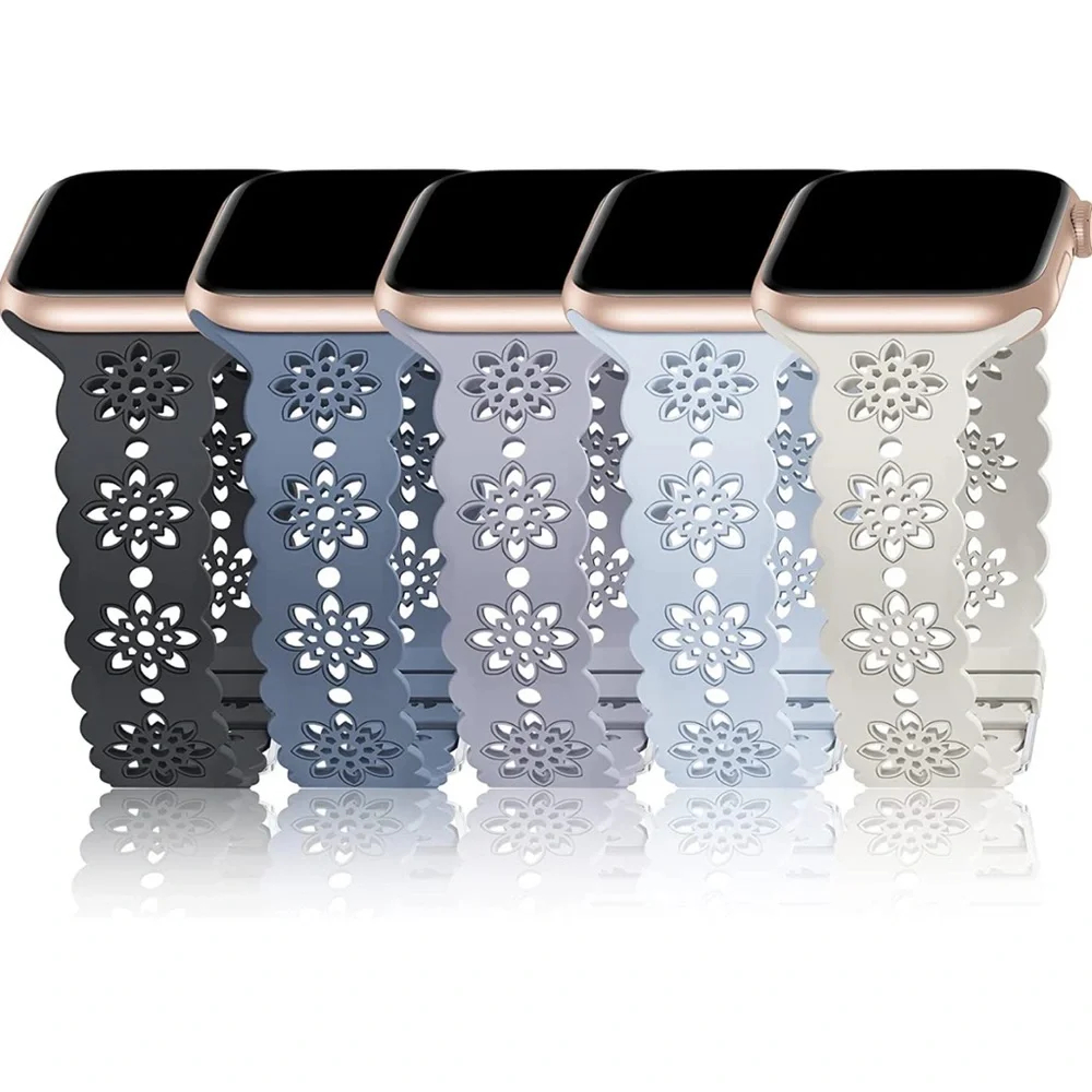 5 Pack Silicone Compatible with Apple Watch Band Soft Floral Lace Hollow-out